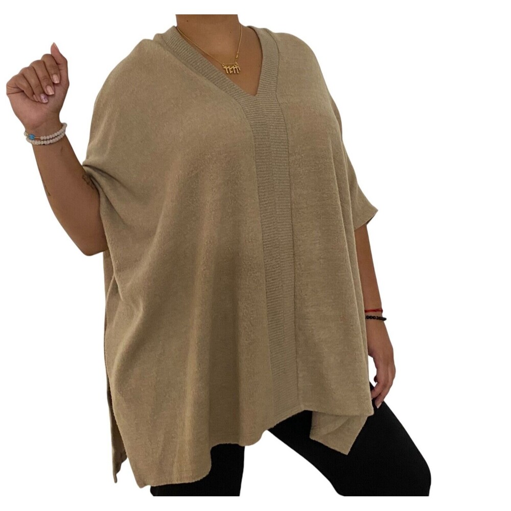 CHERISH Heather Tan Knit Poncho Soft &‎ Cozy Oversized Size Large Sweater